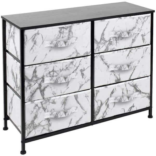 Sorbus 6-Drawer Marble Black Dresser Black Frame Wood Top Easy Pull Fabric Bins 11.75 in. L x 31.5 in. W x 24.62 in. H