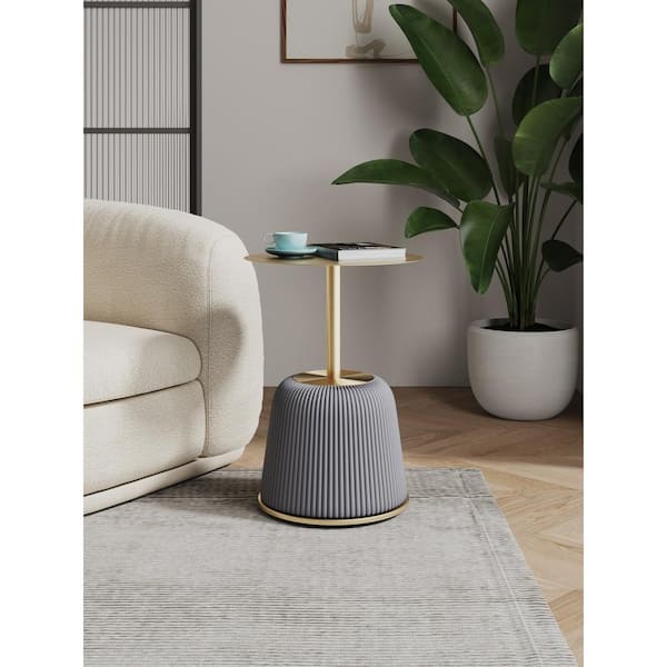 Manhattan Comfort Anderson Modern 15.75 in. Grey Round Metal Faux Leather Upholstered End Table