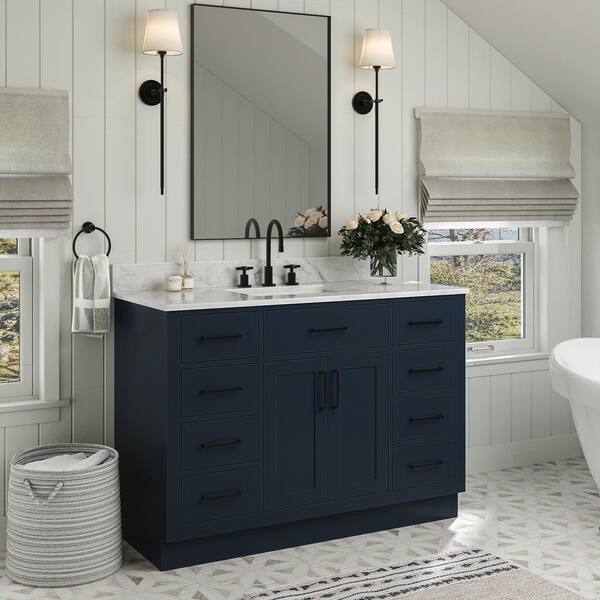 Home Decorators Collection Merryfield 37 in. W x 22 in. D x 35 in. H Single Sink Freestanding Bath Vanity in Dark Blue-Gray with Carrara Marble Top