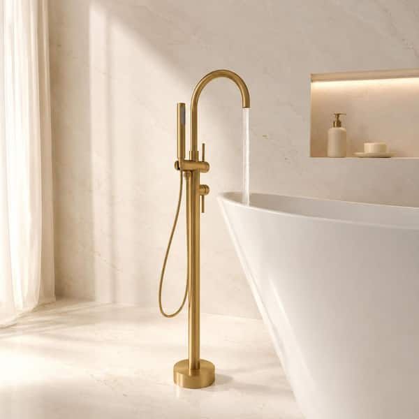 2-Handles Freestanding Floor Mount Claw Foot Tub Faucets 360° Swivel with Hand Shower in Brushed Gold (Valve Included)