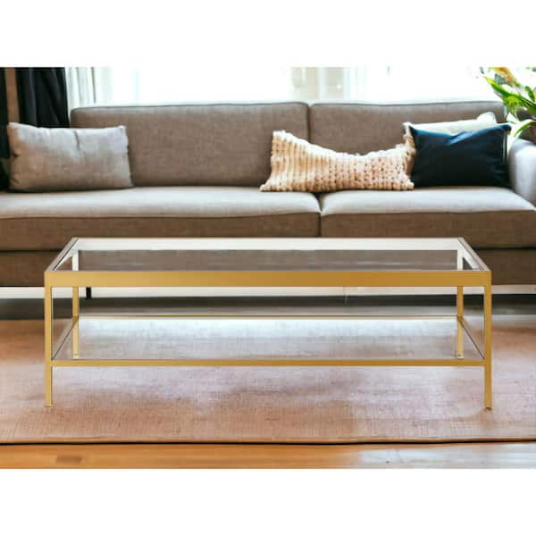 HomeRoots 54 in. Gold Rectangle Glass Coffee Table with Shelves Storage