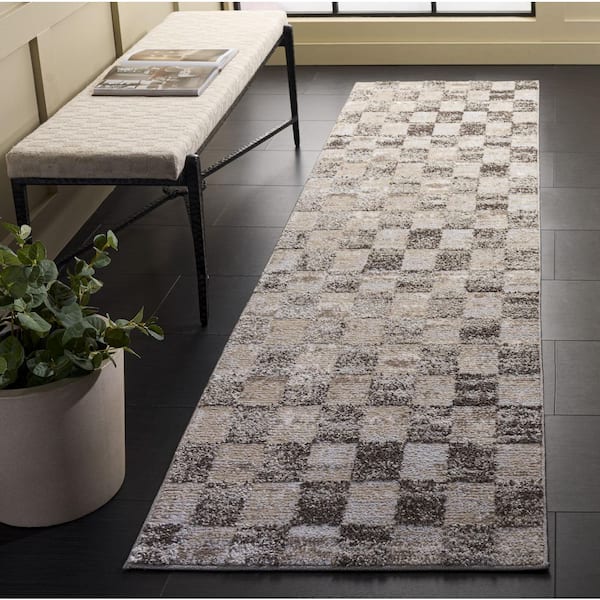 Wave 2 ft. x 9 ft. Beige/Gray Check Runner Rug