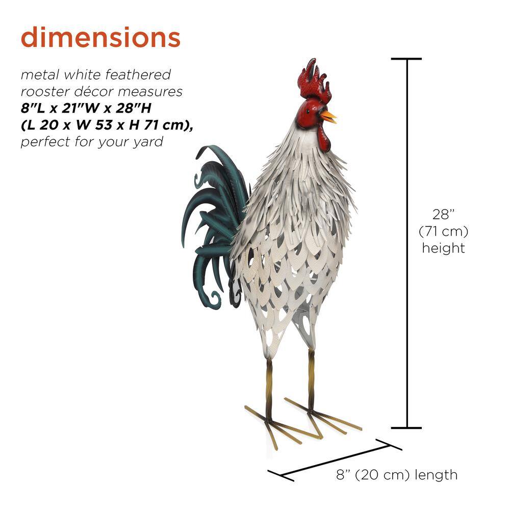 Lifelike White and Red Metal Rooster Garden Statue