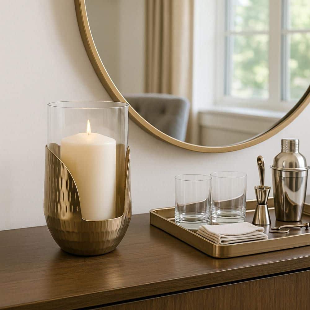 8.25 in. Gold/Clear Glass Pillar Candle Hurricane Holder with Metal Base price history on PriceWatchPro