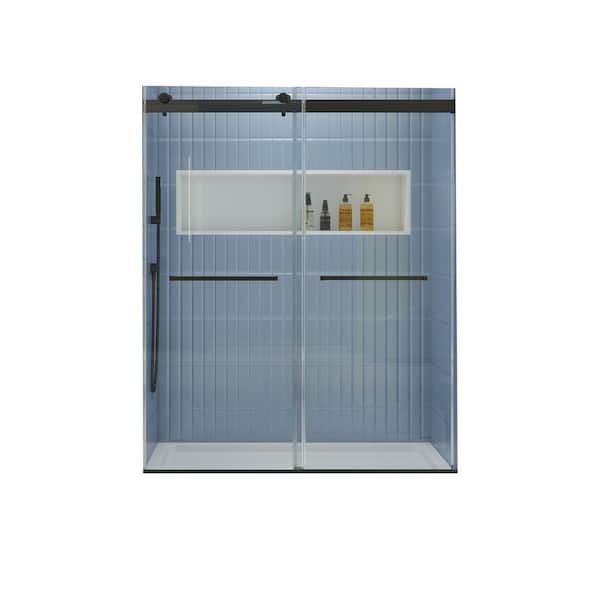 Boosicavelly 56-60 in. W x 74 in. H Sliding Semi-Frameless Shower Door in Matte Black Finish with Clear Glass