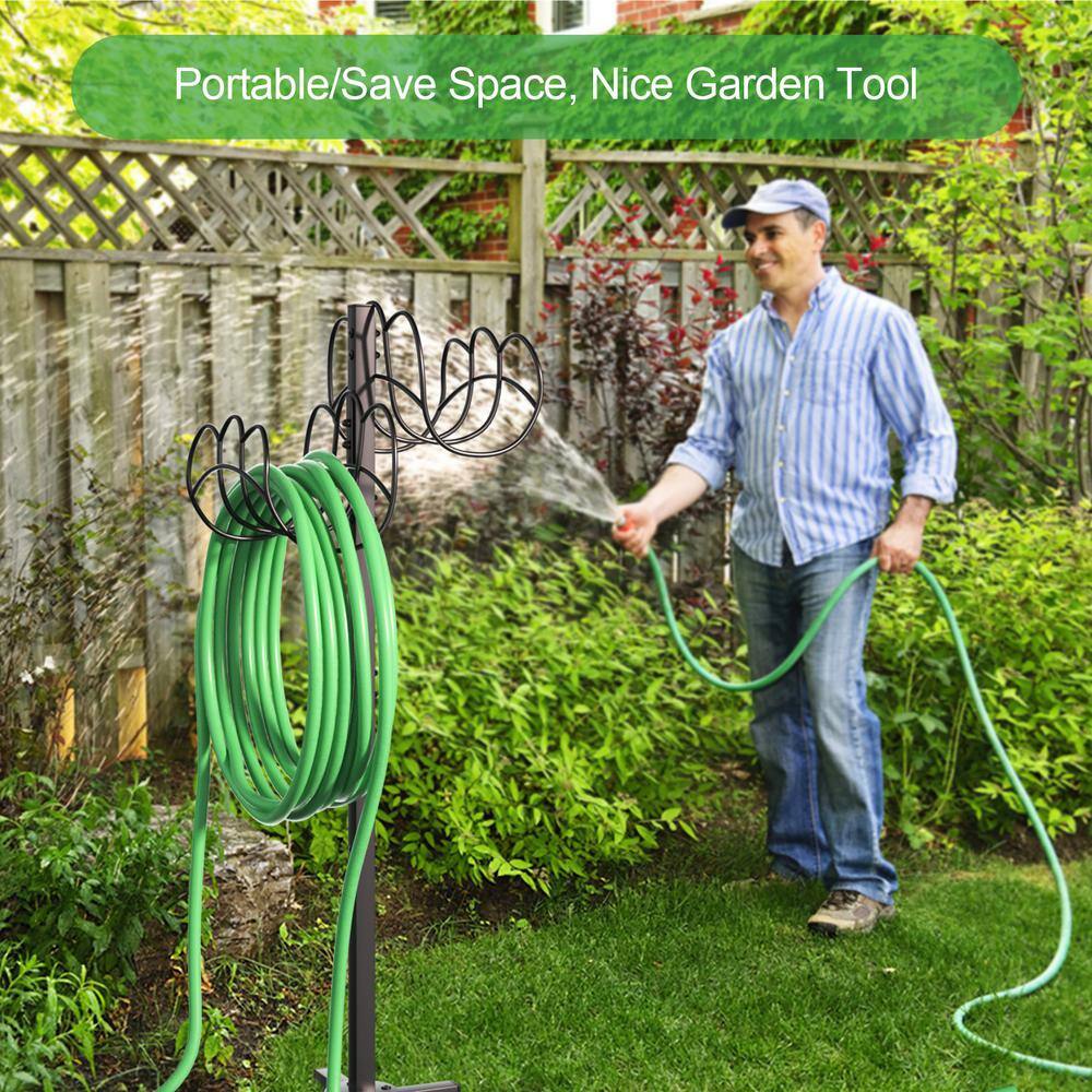 Black Heavy Duty Freestanding Garden Hose Holder with 5 Spikes