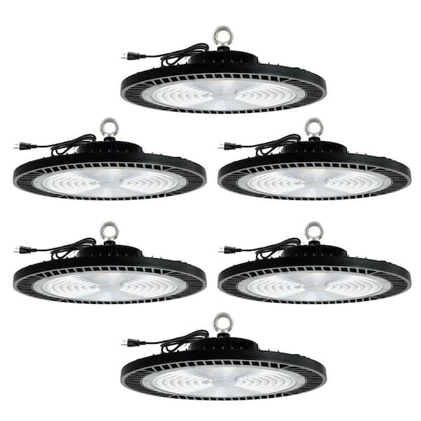 6-Pack 300W Black UFO LED High Bay Light 5000K 45000LM with Plug AC100-277V Commercial Lighting for Warehouse/Shop/Barn