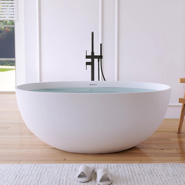 Eaton 55 in. x 29.5 in. Stone Resin Solid Surface Matte Flatbottom Freestanding Soaking Bathtub in White