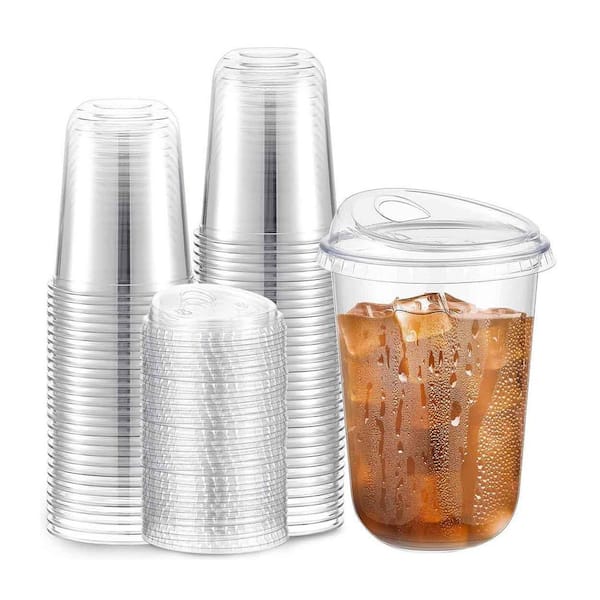 16 in. Clear Disposable Plastic Coffee Cups Strawless Lid Crystal Cold Beverage Party Tableware 50 pcs Per Case