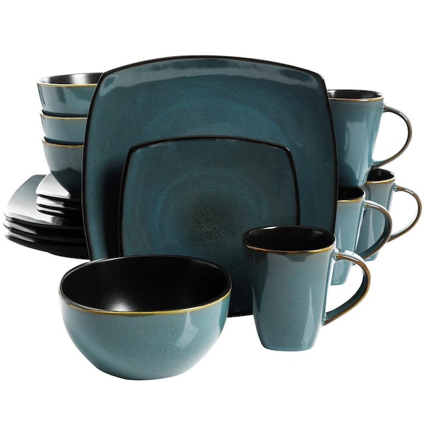 16 Piece Service For 4 Dinnerware Set Stoneware Soft Square in Teal Green