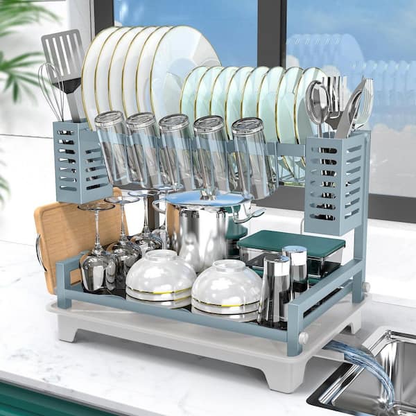 2-Tier Blue Dish Rack, Large Dish Drying Rack with Drainboard and Utensil Holders for Kitchen Counter