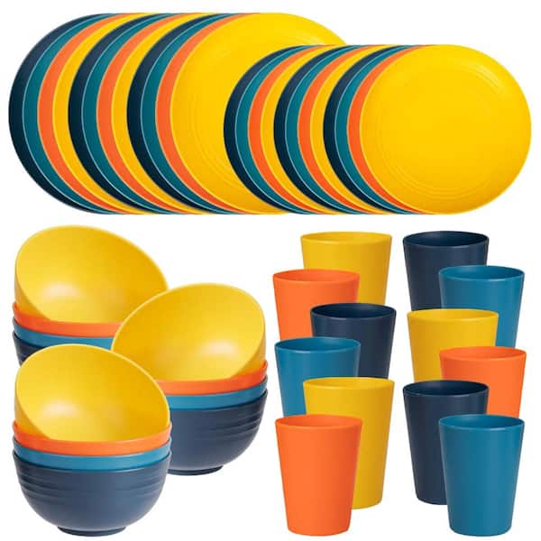 Multicolor Wheat Straw Lightweight Unbreakable Dinnerware Set for 12 with 24 Plates 12 Bowls and 12 Cups