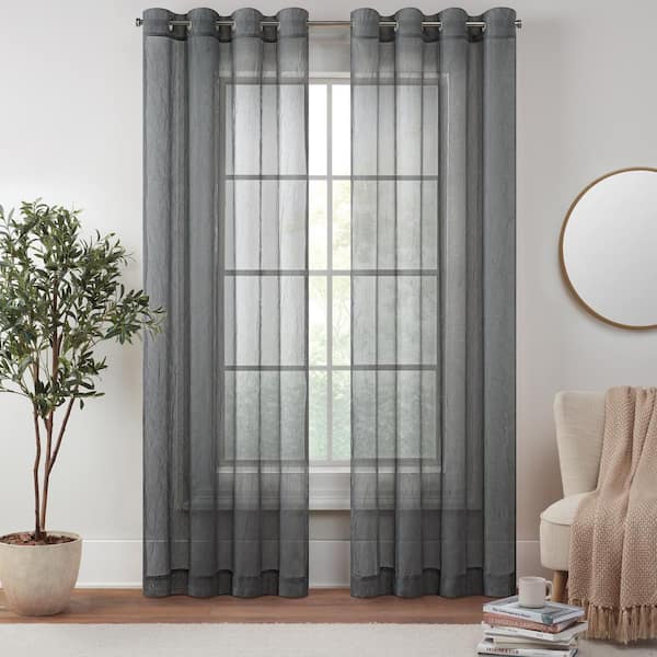 Eclipse Emina Grey Solid Polyester 50 in. W x 95 in. L Sheer Grommet Curtain