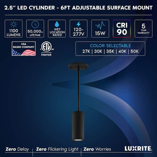 2.5 In. 1-Light Black Cylinder LED Hardwired Pendant Light 6FT Adjustable Cord 5CCT 1100LM, 15W Dimmable 120-277V Black