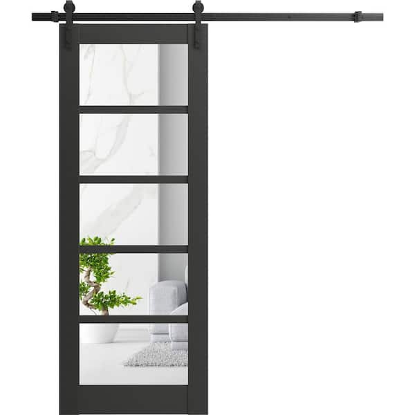 30 in. x 84 in. 1 Panel Clear Glass Black Matte Solid MDF Sliding Barn Door with Hardware Kit