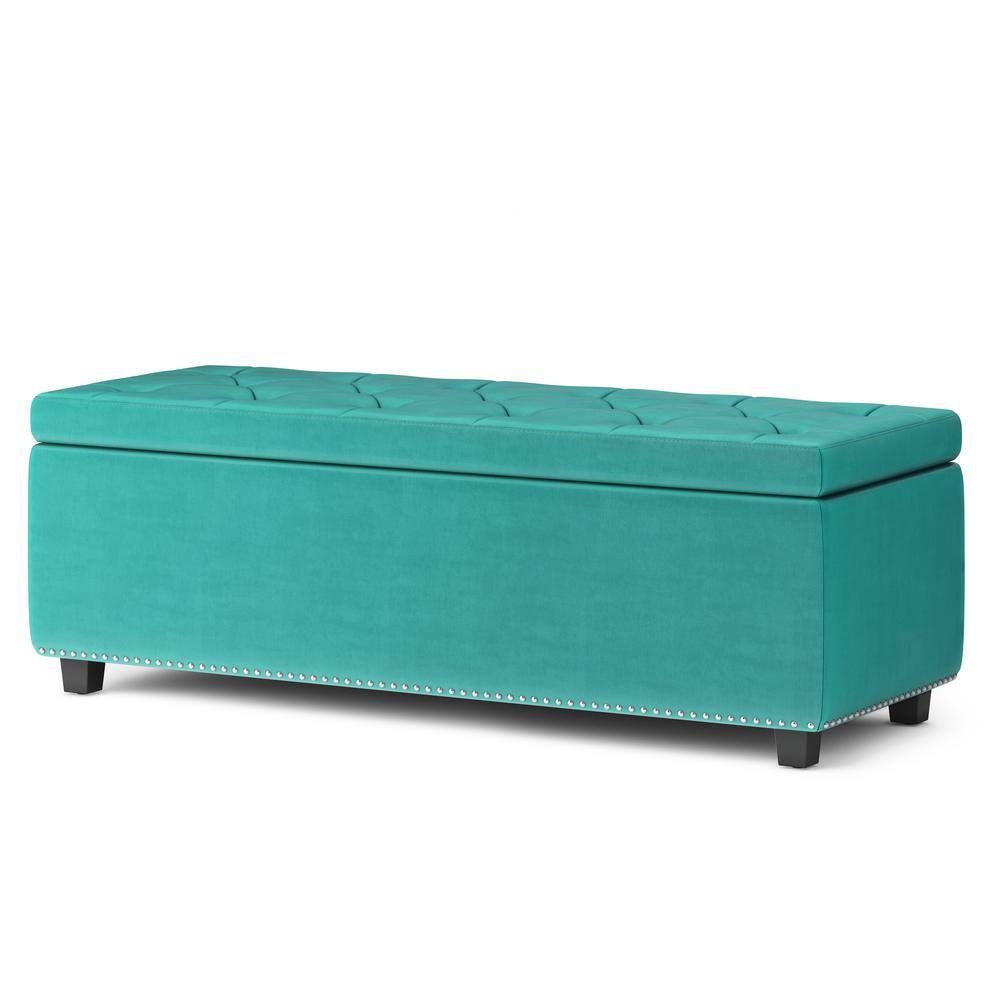 Aqua Blue Velvet Tufted Large Rectangular Storage Footstool