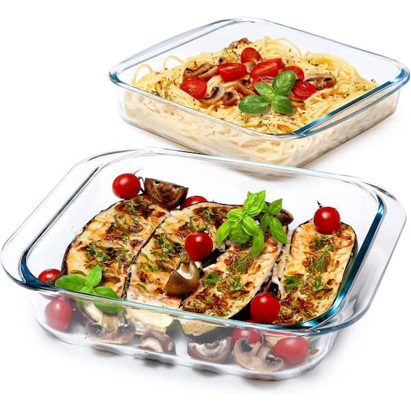 2 Piece Square Tempered Glass Baking Dish Set with Side Handles Oven Microwave Freezer Dishwasher Safe