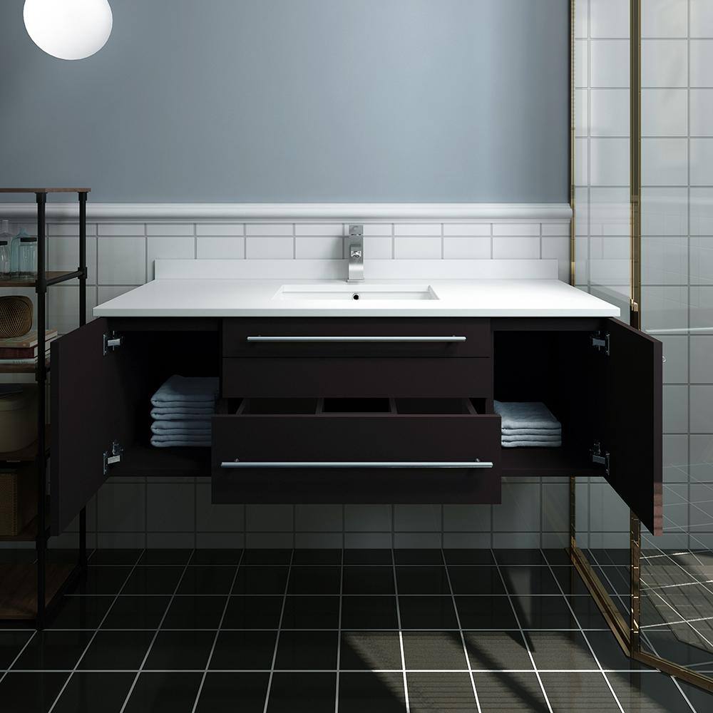 Espresso Solid Wood Wall Mount Vanity with Quartz Top and Ceramic Sink