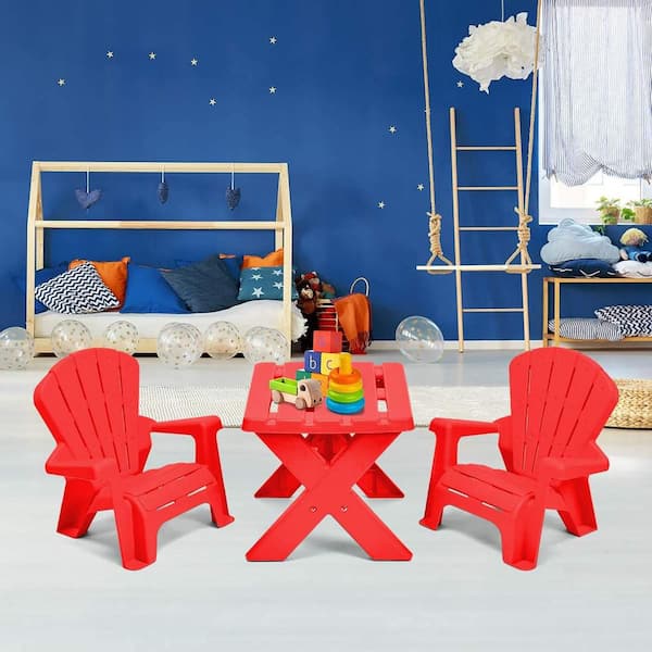 3-Piece Plastic Top Red Children Kids Table and Chair Set Play Furniture In/Outdoor