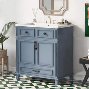 30 in. W x 18 in. D x 34 in. H Single Sink Freestanding Bathroom Vanity in Blue with White Cultured Marble Top