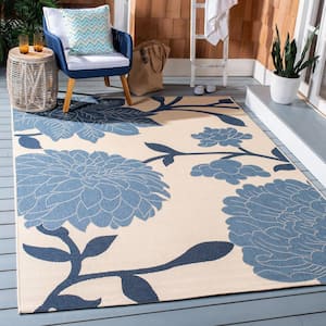 Courtyard Beige/Blue Doormat 2 ft. x 4 ft. Floral Indoor/Outdoor Patio Area Rug