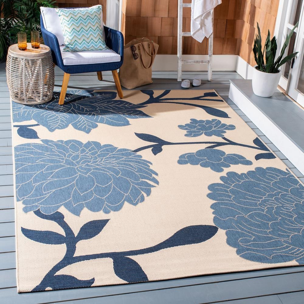 Beige and Blue Floral Synthetic 5' x 7' Area Rug