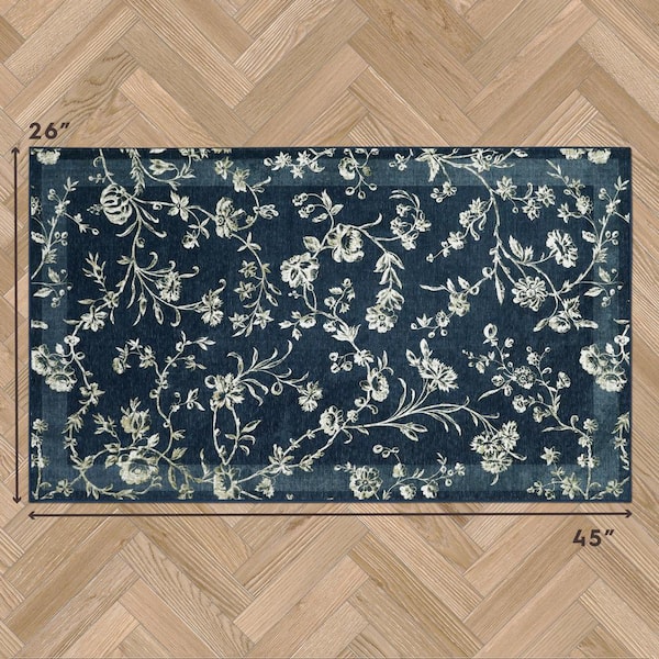 Laule’a様 Laura Ashley Aria Floral Border Chenille Dark Navy 2 ft. x 4 ft