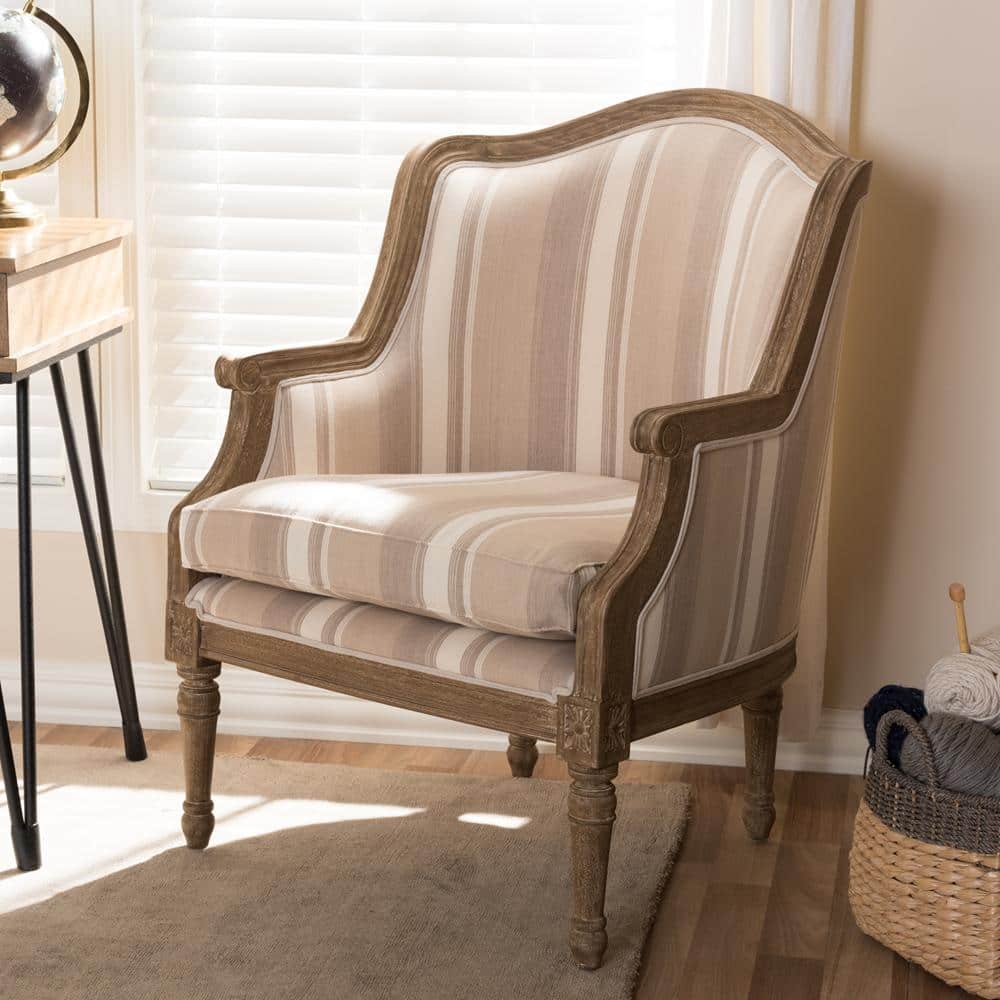 Classic French Oak Accent Chair with Brown Striped Cushion