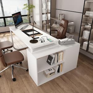 55.1 in. L-Shaped White Wood Computer Desk Workstation WITH USB interface, socket, Shelves, Drawers, Removable Tabletop