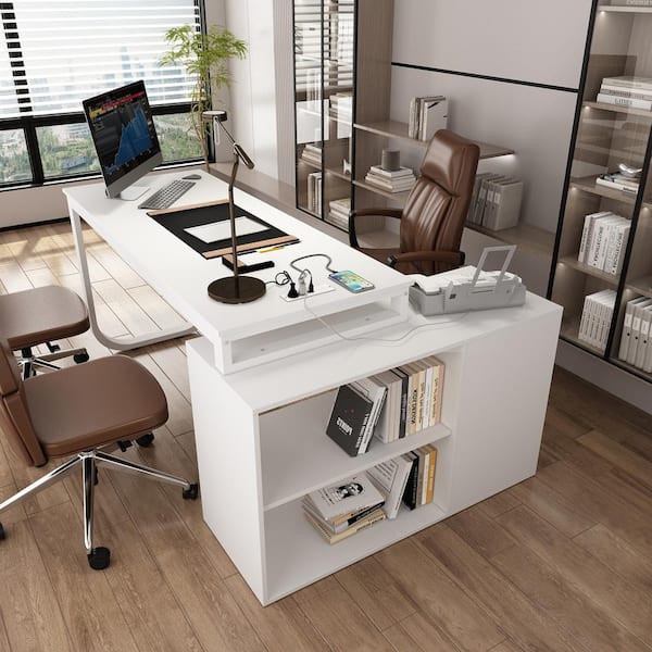 FUFU&GAGA 55.1 in. L-Shaped White Wood Computer Desk Workstation W/USB interface, socket, Shelves, Drawers, Removable Tabletop