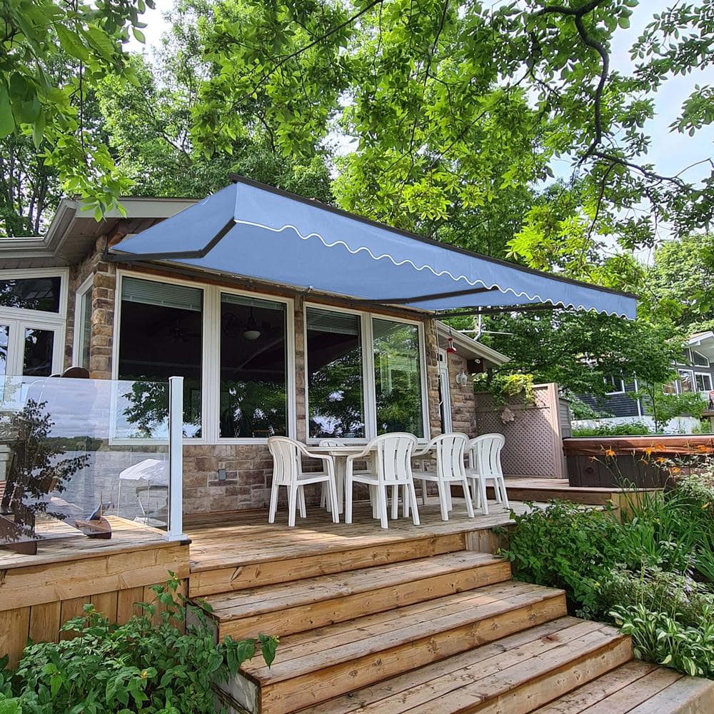 Sky Blue 12' x 10' Manual Retractable Patio Awning with Black Frame