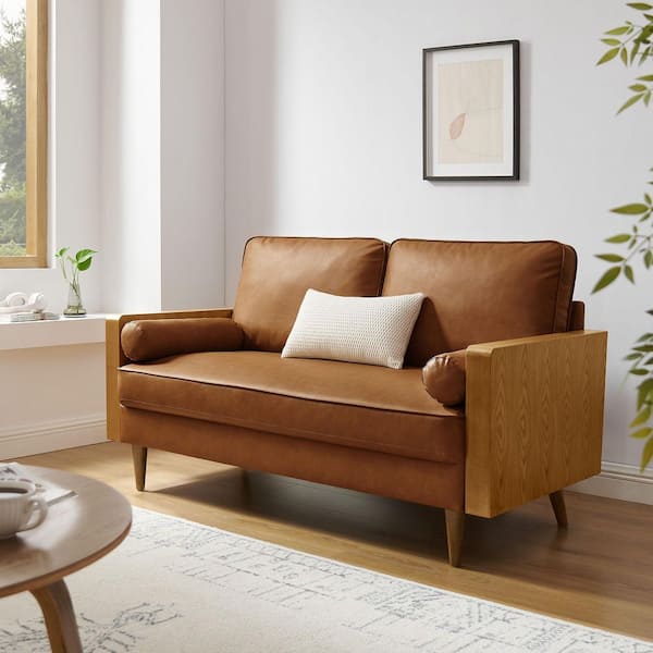 Kellan 87.1 in. Square Arm Faux Leather Rectangle Sofa in Walnut Tan