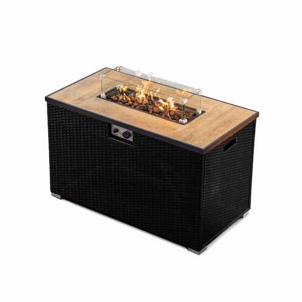 HEARTH & HARBOR Black 43 in. 50,000 BTU Rectangular Propane Outdoor Fire Pit Table with Glass Wind Guard Lid, Lava Rocks and Cover