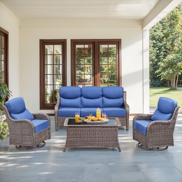JHXL 5-Piece Outdoor Brown Wicker Patio Conversation Set Swivel Rocking Chair with Blue Cushions