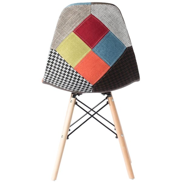 Fabulaxe Mid-Century Modern Upholstered Plastic Multicolor Fabric Patchwork Dsw Shell Dining Chair with Wooden Dowel Eiffel Legs