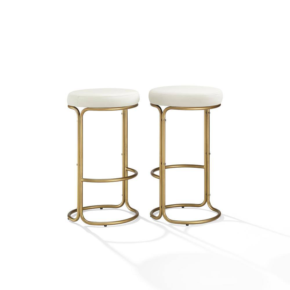 Ivory Velvet and Gold Metal Backless Counter Stools, Set of 2