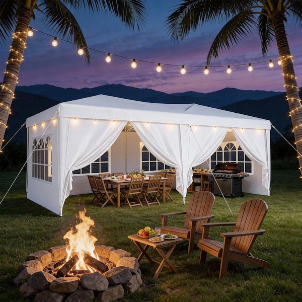 10 ft. x 20 ft. Adjustable Height Pop-Up Folding Canopy with 6 Sidewalls, Ideal for Banquets and Parties in White