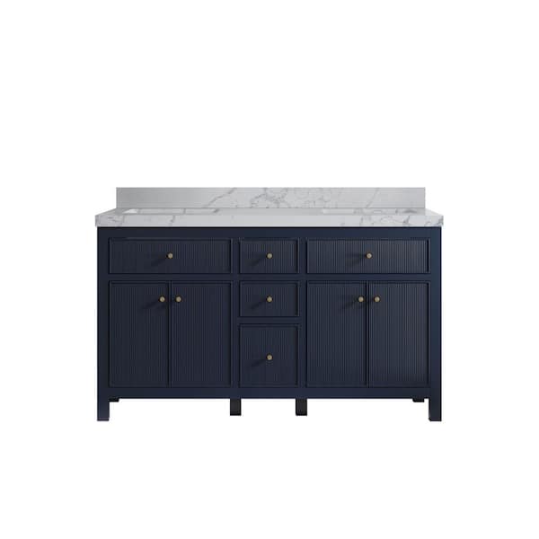 Willow Collections Sonoma 60 in. Double Sink Freestanding Navy Blue Bath Vanity with Venatino Quartz Top Unassembled
