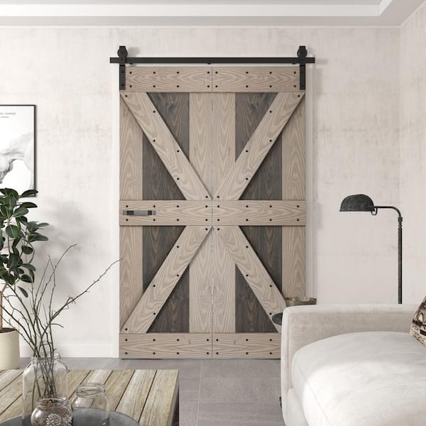 COAST SEQUOIA INC Coast Sequoia 36 in. x 80 in. Embossing Dark Gray/Light Gray Solid Pine Wood Bi-Fold Barn Door with Sliding Hardware Kit