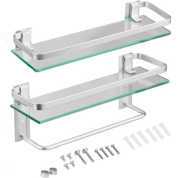 Aoibox 4.88 in. W x 8.7 in. H x 15.74 in. D Rectangular Glass Bath Shower Shelf in Sliver, 1 of Them with Towel Holder 4-Piece