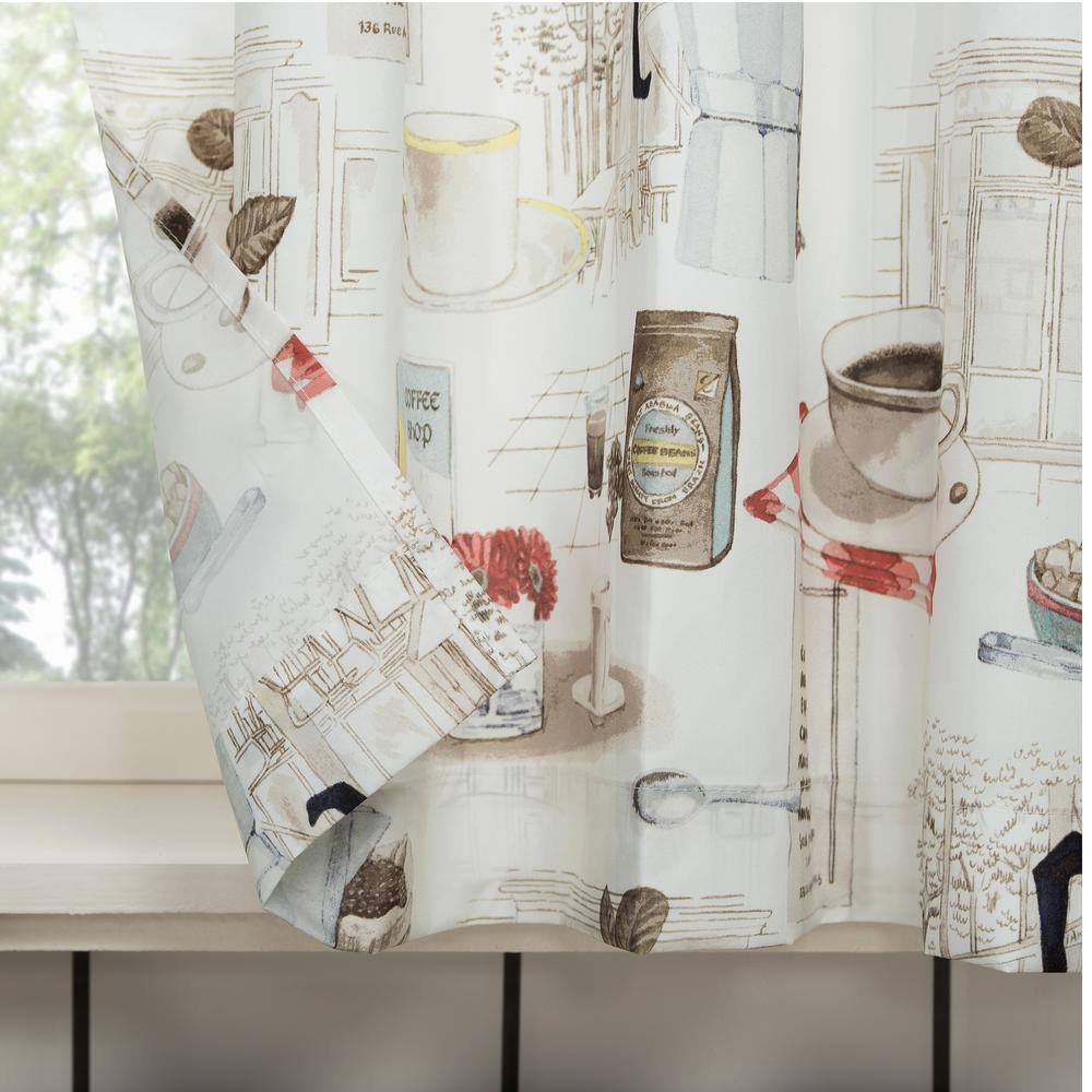 White Coffee Shop Themed Sheer Polyester Kitchen Curtain Set