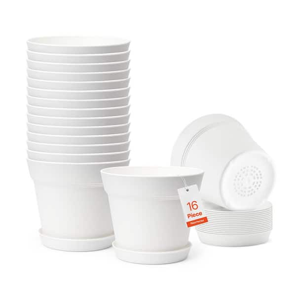 Plant Pots, 2 qt., 6 in., White Indoor Plastic Round Planters, Weather-Resistant (6 in. L x 6 in. W x 5 in. H) (16-Pack)