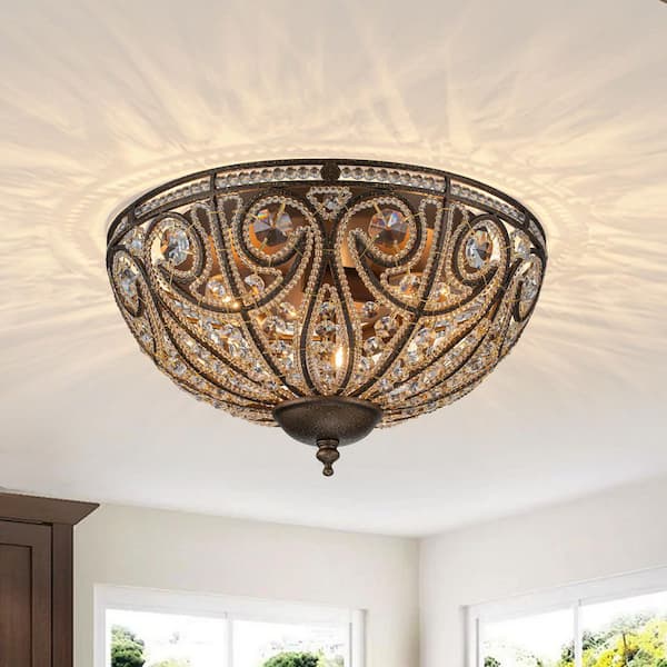 Vintage Crystal 13 in. 3-Light Antique Rust Flush Mount Vintage Classic Empire Ceiling Light with Crystal Accent