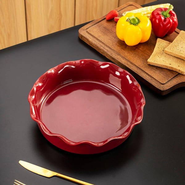 1-Piece Red Porcelain 2.3 qt. Pie Dish No-Stick Quiche Pan Baking Flan Tart Tins Oven Dish for Baking Fluted Flan Dish