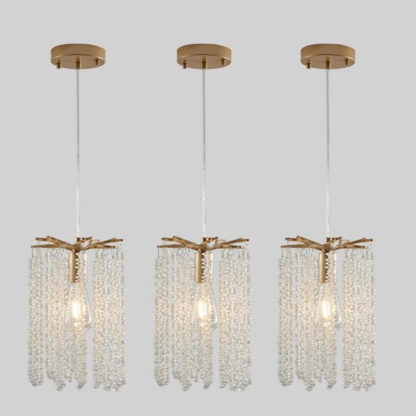 1-Light Crystal Gold Pendant Lights with Waterfall Bead Design, Chandelier with No Bulbs Included (3-Pack)