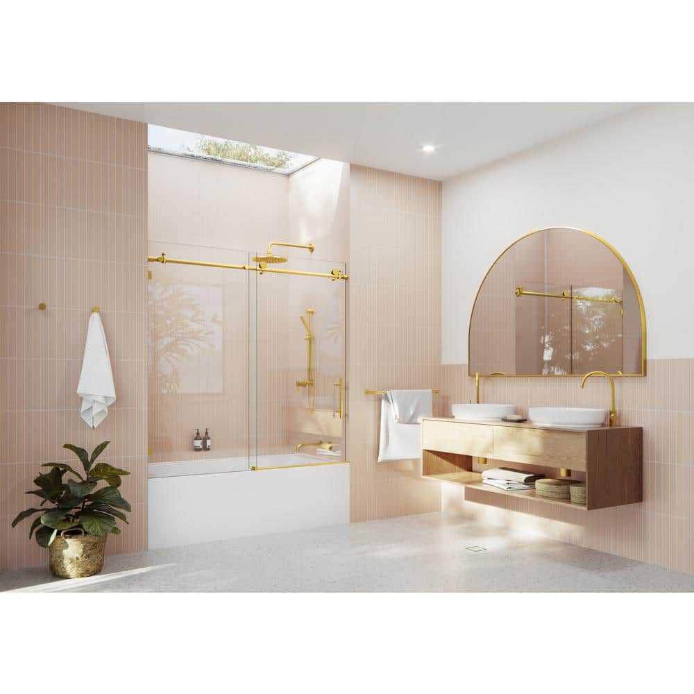 Eclipse 60" Frameless Sliding Bathtub Door with Satin Brass Hardware