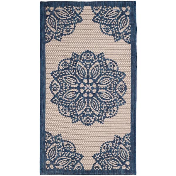 SAFAVIEH Courtyard Beige/Navy Doormat 2 ft. x 4 ft. Border Indoor/Outdoor Patio Area Rug