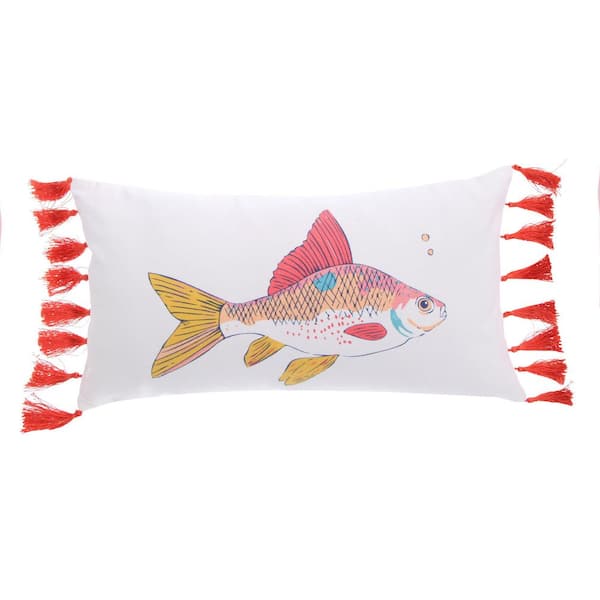 LEVTEX HOME Barrier Reef Multicolor Coastal Fish Printscreen with Side Tassels 12 in x 24 in. Throw Pillow