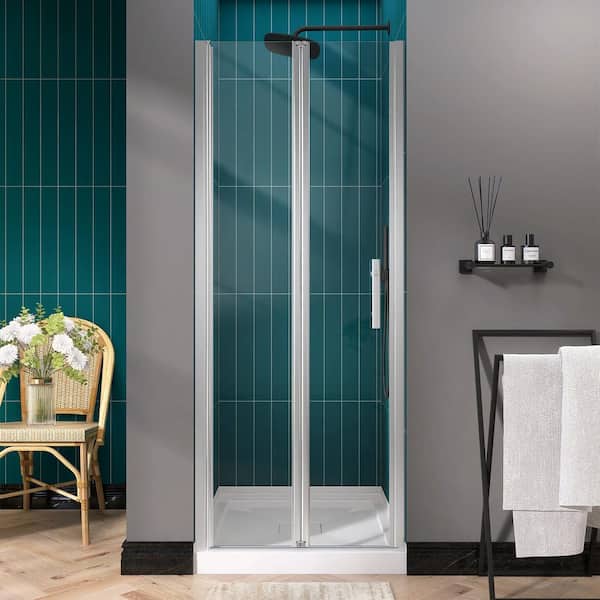 NTQ 32 to 33.25 in. W x 72 in. H Bifold Hinged Shower Panel Pivot Frameless Shower Door in Chrome Clear Glass and Handle