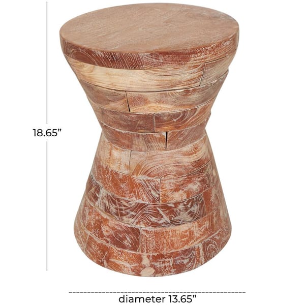 14 in. Brown Handmade Hourglass Geometric Medium Round Teak Wood End Table with Stacked Wood Pieces